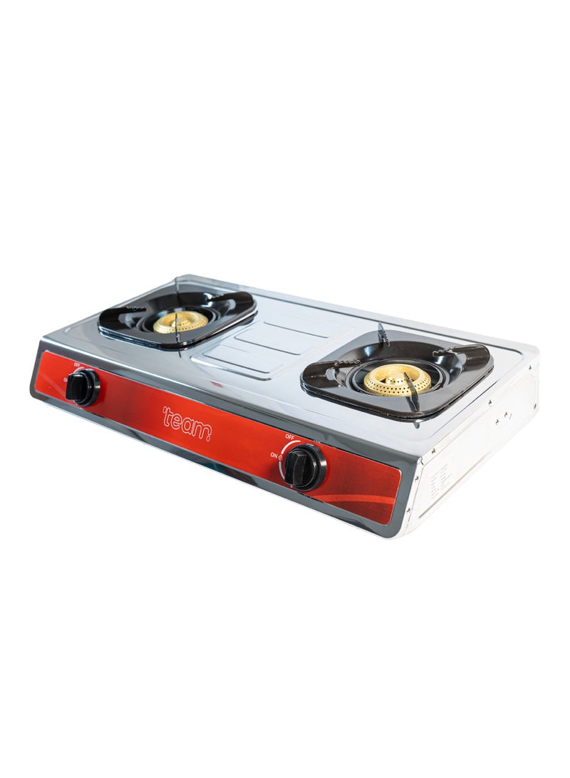 TEAM Stainless Steel Double Burner Gas Stove | Heavy-Duty Cast Iron Burners, Automatic Ignition, Adjustable Damper, Detachable Drip Pan - Image 1